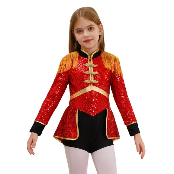 TiaoBug Kids Girls Circus Ringmaster Cosplay Jumpsuit Sequins Tassel Lion Tamer Stage Performance Costume Red 14