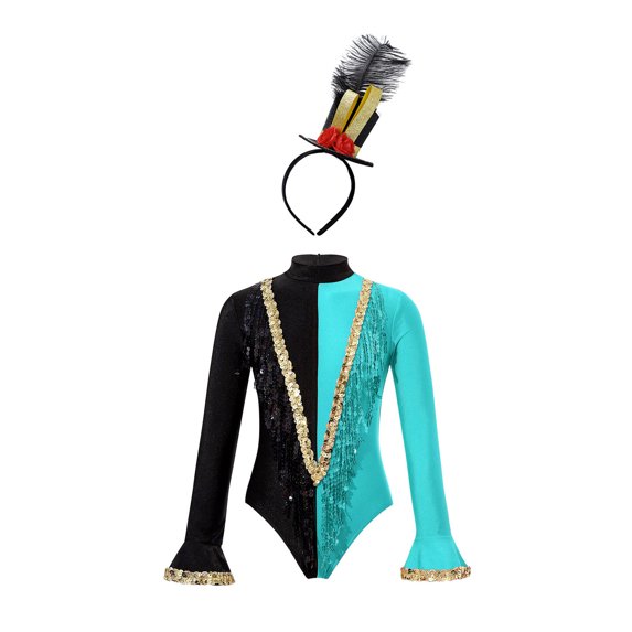 TiaoBug Kids Girls Circus Ringmaster Costume Long Sleeve Sequins Leotard with Headwear Set Lake Blue 16
