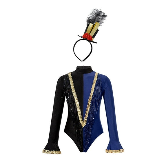 TiaoBug Kids Girls Circus Ringmaster Costume Long Sleeve Sequins Leotard with Headwear Set Navy Blue 14