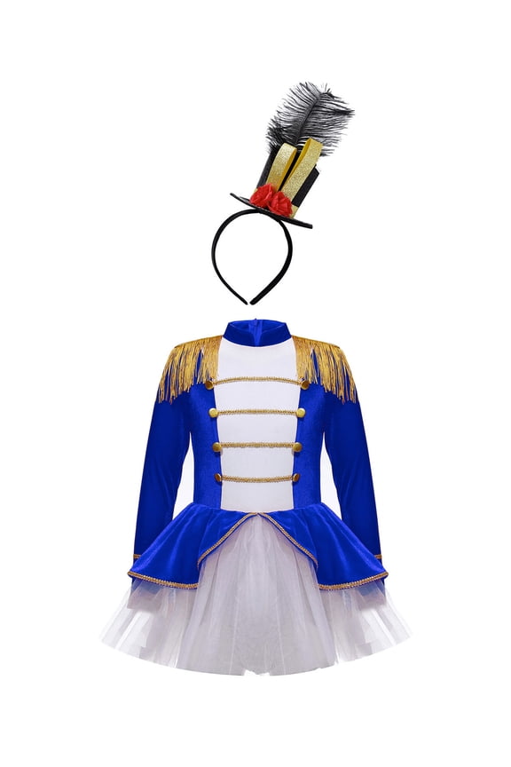 Kids Girls Circus Ringmaster Costume Long Sleeves Lion Tamer Tutu Leotard Dress with Headwear Sets Royal Blue 6
