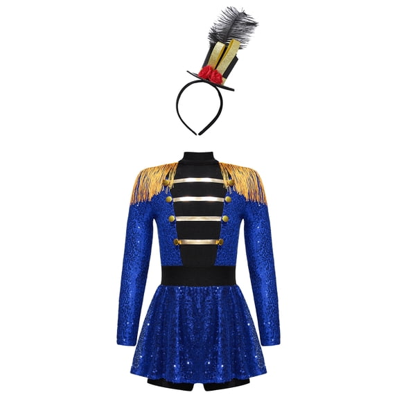 TiaoBug Kids Girls Circus Ringmaster Dress Sequin Tassel Leotard Skirt with Hats for Stage Party Blue 10
