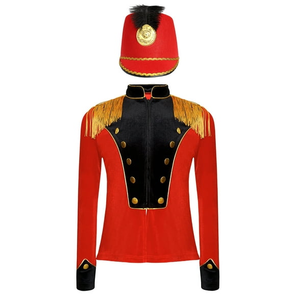 TiaoBug Kids Girls Circus Ringmaster Outfit Honor Guard Drum Major Majorette Uniform Jacket and Hat Red Black 12