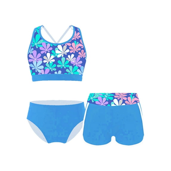 TiaoBug Kids Girls Cutout Criss-Cross Back Tops Briefs Bottoms 3 Piece Tankini Swimsuit Blue 12