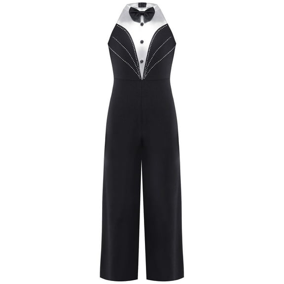 TiaoBug Kids Girls Dance Costume One Piece Tuxedo Jumpsuit Bodysuit Latin Jazz Modern Dancewear Black 16