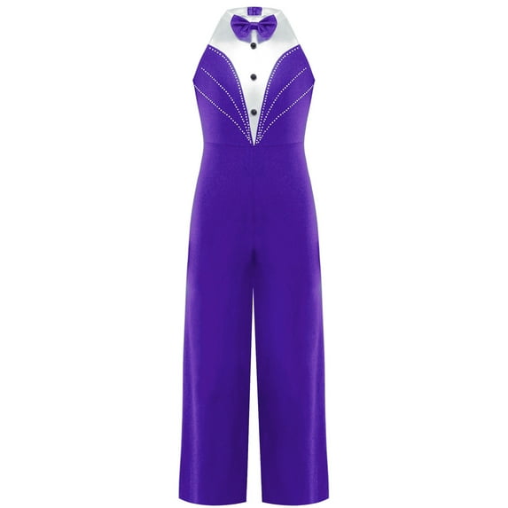 TiaoBug Kids Girls Dance Costume One Piece Tuxedo Jumpsuit Bodysuit Latin Jazz Modern Dancewear Purple 8