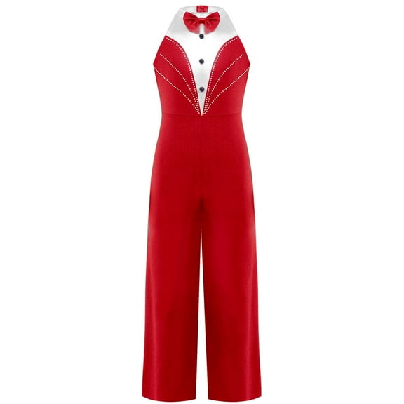 TiaoBug Kids Girls Dance Costume One Piece Tuxedo Jumpsuit Bodysuit Latin Jazz Modern Dancewear Red 12