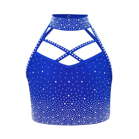 TiaoBug Kids Girls Dance Crop Top Sleeveless Cutout Shiny Rhinestone Gymnastics Sports Athletic Tank Top Royal Blue 10