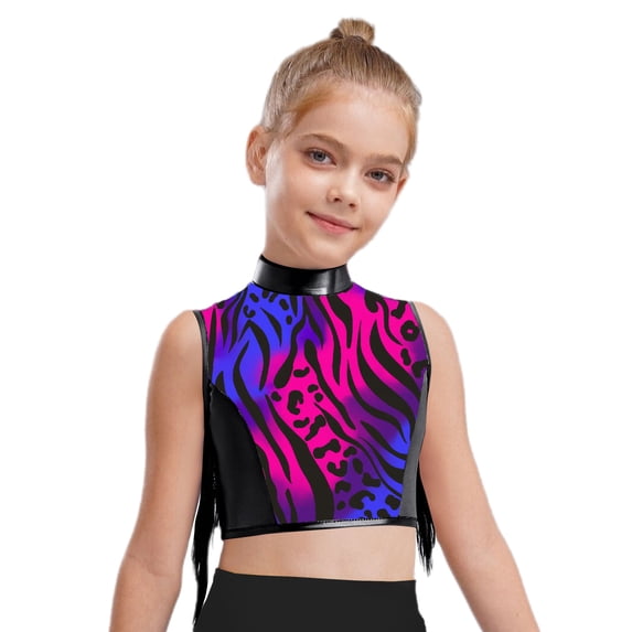 TiaoBug Kids Girls Dance Crop Top Sleeveless Sparkle Zebra Print Athletic Vest for Gymnastics Stage Performance Black 12