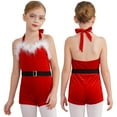 thumbnail image 1 of TiaoBug Kids Girls Dance Leotard Christmas Santa Claus Elf Costume Open Back Velvet Shorts Bodysuit with Belt Red 10, 1 of 7
