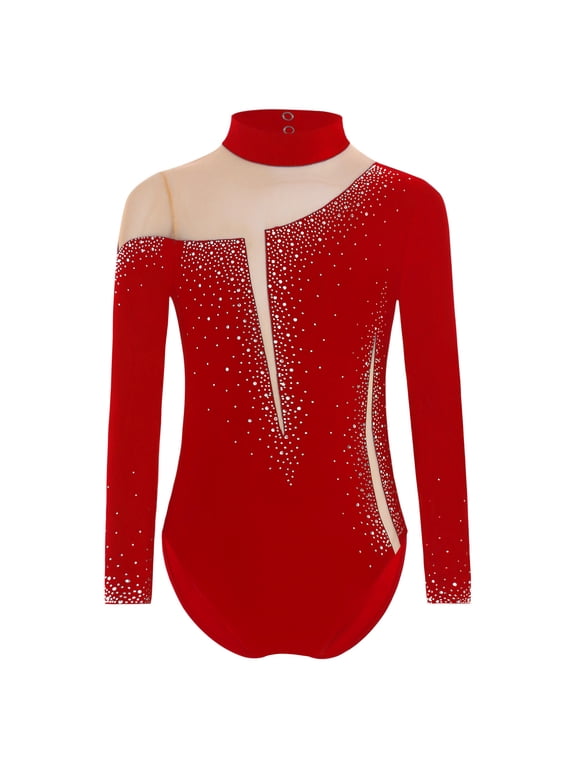 Kids Girls Dance Leotard Gymnastic Sparkly Figure Ice Skating Jumpsuit Athletic Bodysuit Burgundy 8