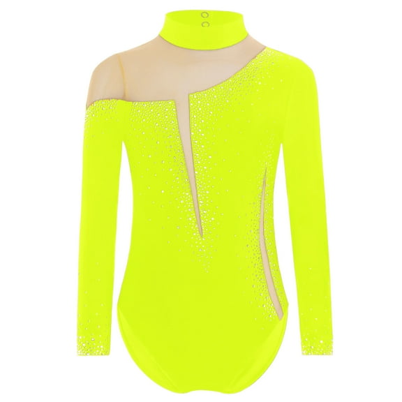 TiaoBug Kids Girls Dance Leotard Gymnastic Sparkly Figure Ice Skating Jumpsuit Athletic Bodysuit Fluorescent Yellow 6