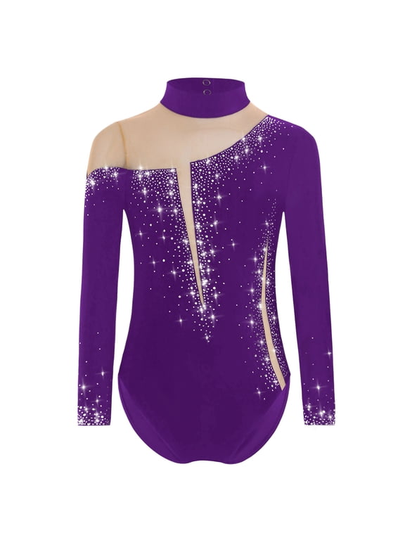 Kids Girls Dance Leotard Gymnastic Sparkly Figure Ice Skating Jumpsuit Athletic Bodysuit Purple 6