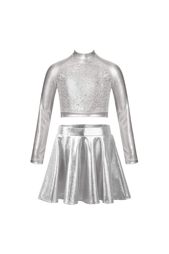 Kids Girls Dance Outfits 2-Piece Party Dress Costume Shiny Sequin Crop Tops with Metallic Skirt Set Silver 6