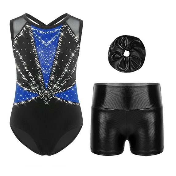 TiaoBug Kids Girls Dance Outfits 3-Piece Rhinestones Tank Leotards with Metallic Shorts Gymnastics Active Set Blue 10
