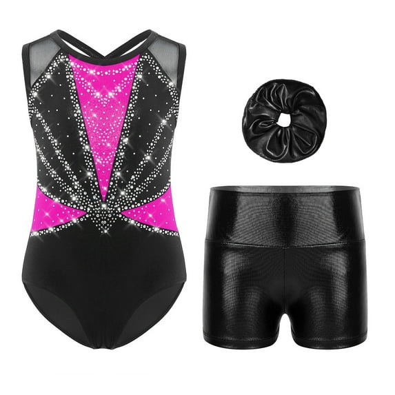 TiaoBug Kids Girls Dance Outfits 3-Piece Rhinestones Tank Leotards with Metallic Shorts Gymnastics Active Set Hot Pink 10
