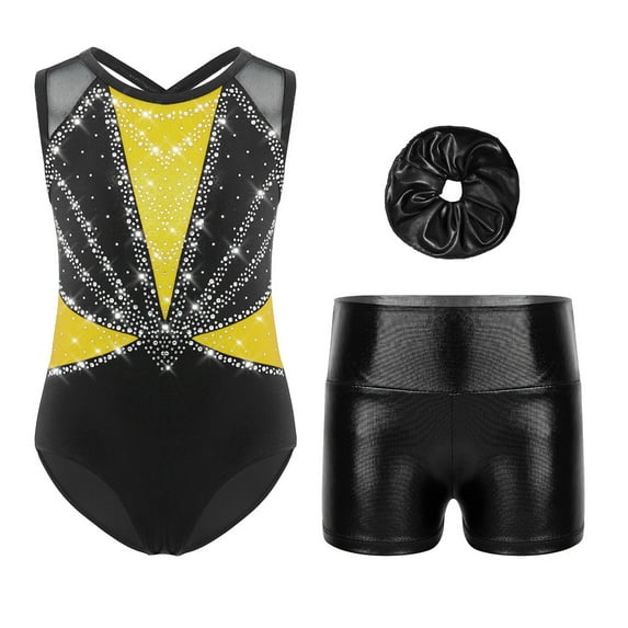 TiaoBug Kids Girls Dance Outfits 3-Piece Rhinestones Tank Leotards with Metallic Shorts Gymnastics Active Set Yellow 16
