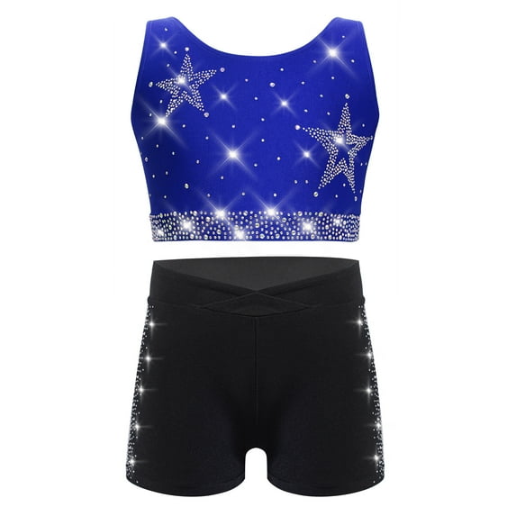 TiaoBug Kids Girls Dance Outfits Gymnastics Active Tracksuit Sports Yoga Crop Top and Ballet Shorts Set Blue Black 10