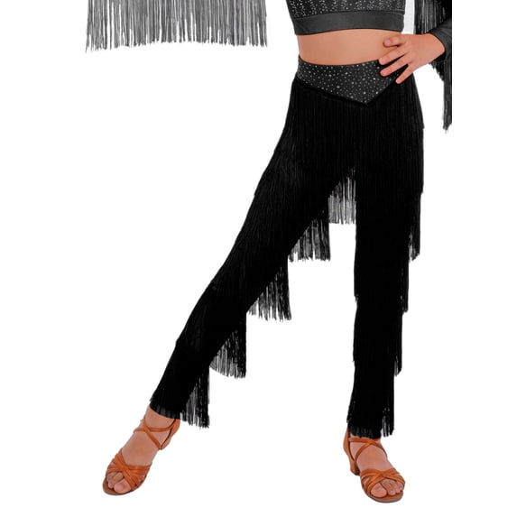 TiaoBug Kids Girls Elastic Waist Rhinestone Fringe Practice Pants Tassel Latin Salsa Dance Performance Trousers Black 10