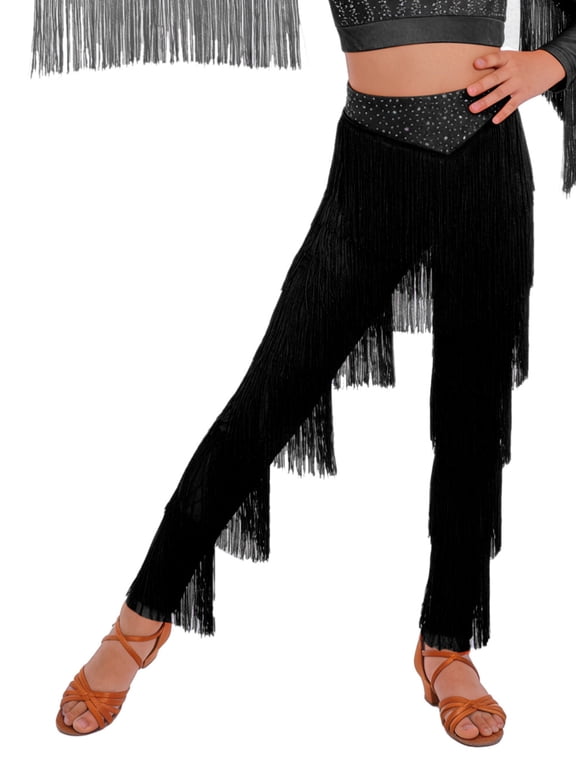 Kids Girls Elastic Waist Rhinestone Fringe Practice Pants Tassel Latin Salsa Dance Performance Trousers Black 6