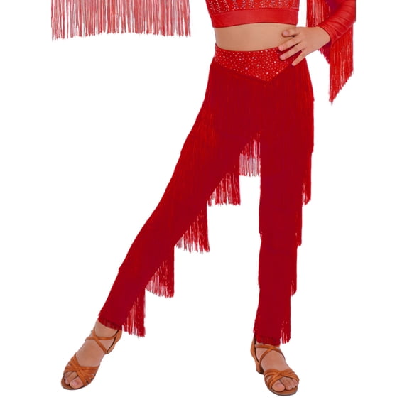 TiaoBug Kids Girls Elastic Waist Rhinestone Fringe Practice Pants Tassel Latin Salsa Dance Performance Trousers Burgundy 12