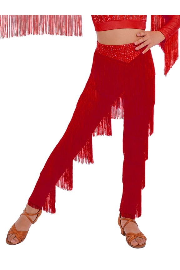 Kids Girls Elastic Waist Rhinestone Fringe Practice Pants Tassel Latin Salsa Dance Performance Trousers Burgundy 6