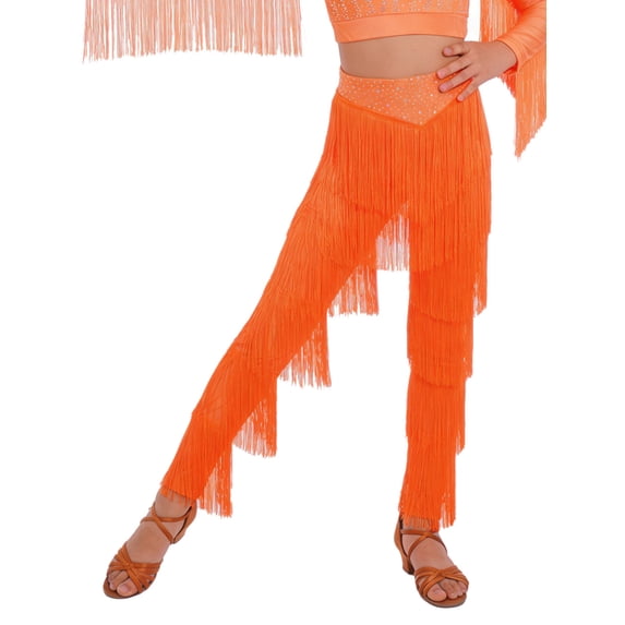 TiaoBug Kids Girls Elastic Waist Rhinestone Fringe Practice Pants Tassel Latin Salsa Dance Performance Trousers Fluorescent Orange 16