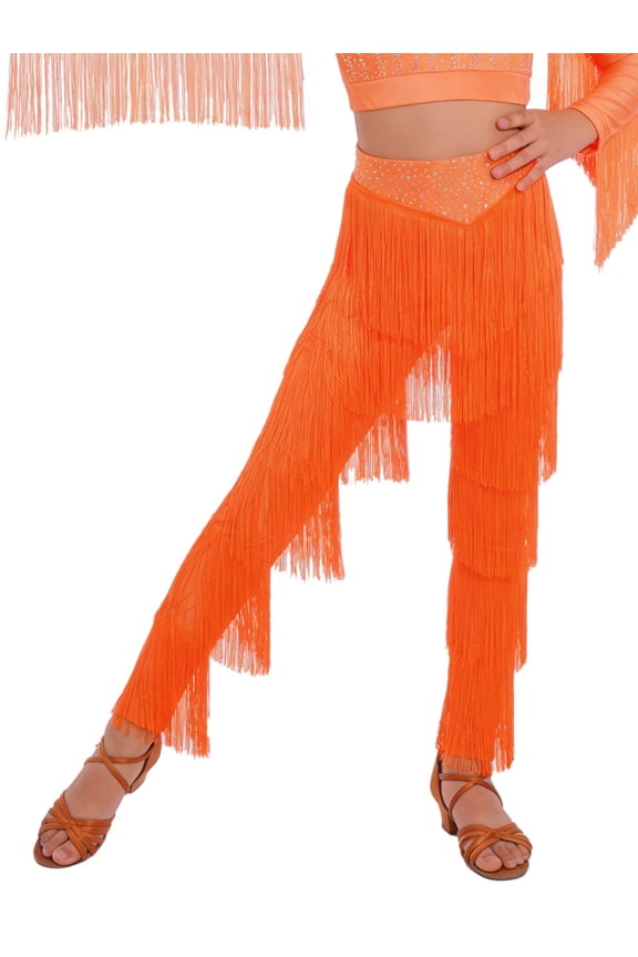 Kids Girls Elastic Waist Rhinestone Fringe Practice Pants Tassel Latin Salsa Dance Performance Trousers Fluorescent Orange 16