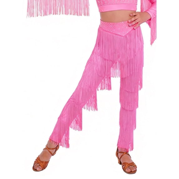 TiaoBug Kids Girls Elastic Waist Rhinestone Fringe Practice Pants Tassel Latin Salsa Dance Performance Trousers Pink 14