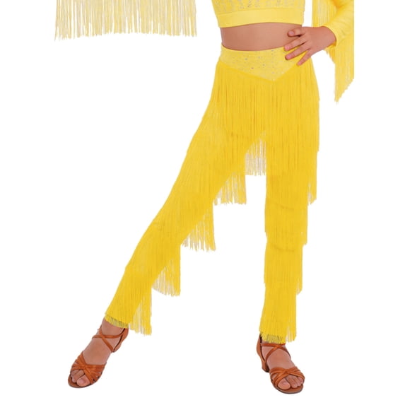 TiaoBug Kids Girls Elastic Waist Rhinestone Fringe Practice Pants Tassel Latin Salsa Dance Performance Trousers Yellow 16
