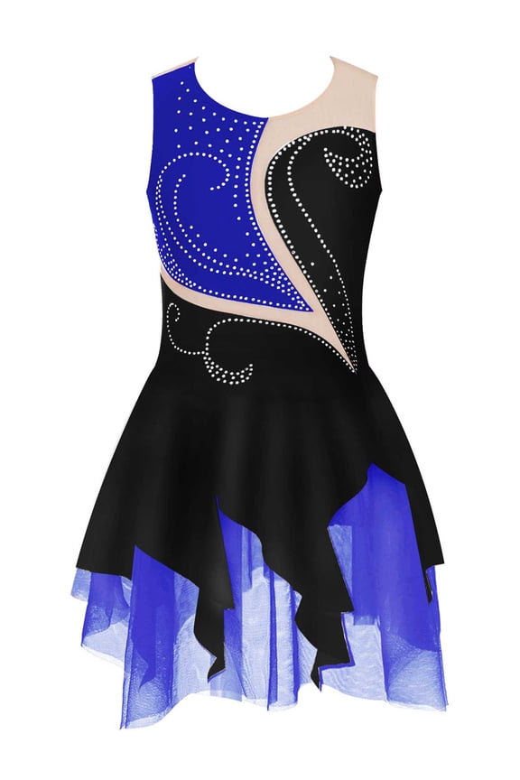 Kids Girls Figure Ice Roller Skating Dress Gymnastic Leotard Ballet Competition Dancewear Black&Blue 12