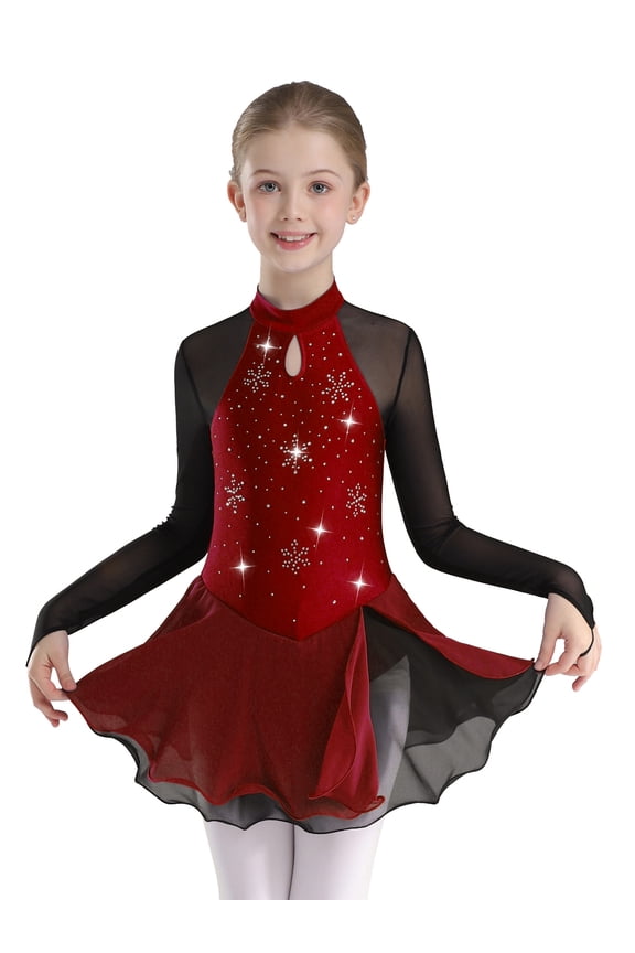 Kids Girls Figure Ice Skating Ballet Dance Dress Rhinestones Dancewear Gymnastics Leotard Burgundy 14
