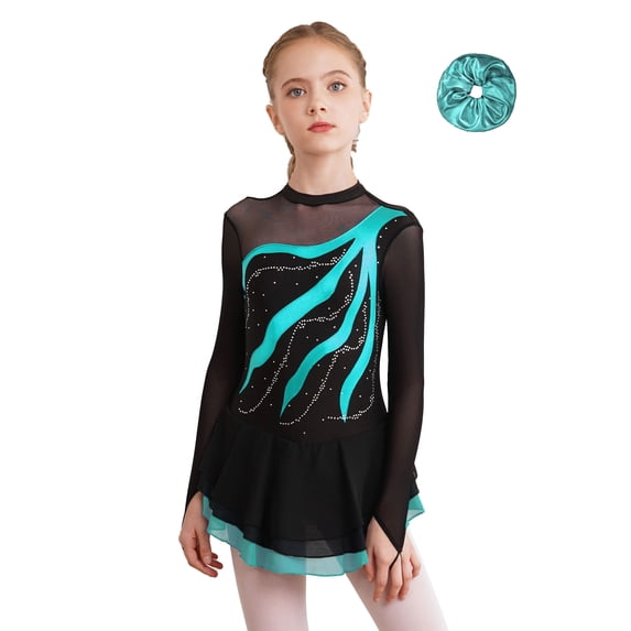 TiaoBug Kids Girls Figure Ice Skating Dress Long Sleeve Chiffon Tutu Skirt Leotard Ballet Dance Practice Outfit Blue Green 16