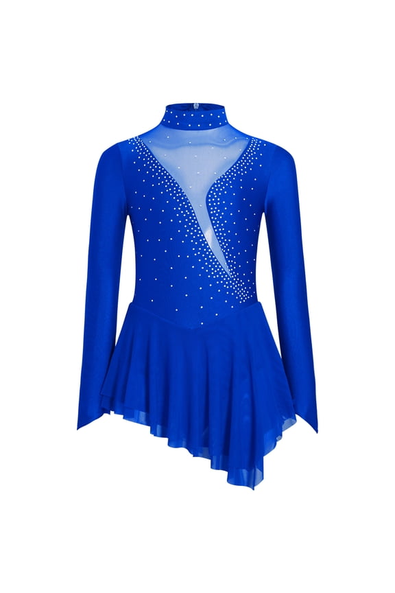 Kids Girls Figure Ice Skating Dress Long Sleeve Glittery Sheer Mesh Dance Competition Leotard Blue 8