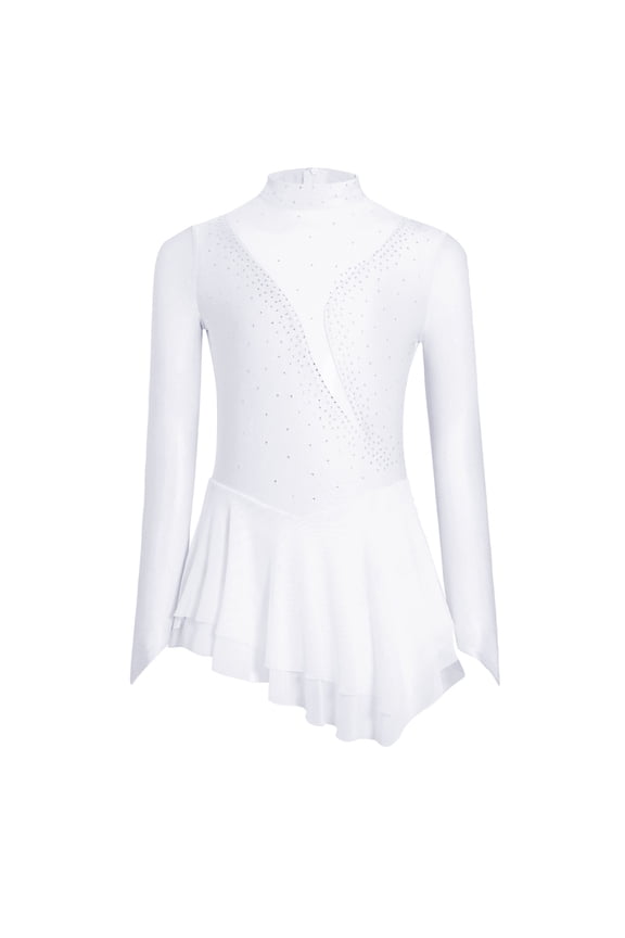 Kids Girls Figure Ice Skating Dress Long Sleeve Glittery Sheer Mesh Dance Competition Leotard White 10
