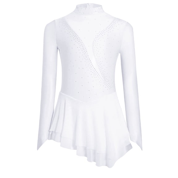 TiaoBug Kids Girls Figure Ice Skating Dress Long Sleeve Glittery Sheer Mesh Dance Competition Leotard White 16
