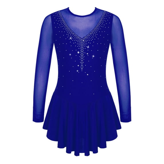 TiaoBug Kids Girls Figure Ice Skating Dress Mesh Splice Long Sleeve Dancewear