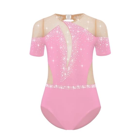 TiaoBug Kids Girls Figure Ice Skating Jumpsuit Sparkly Rhinestone Rhythmic Gymnastics Dance Bodysuit Pink 6