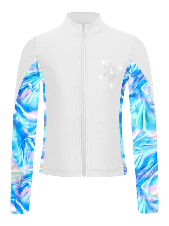 Kids Girls Figure Ice Skating Long Sleeve Jacket Sparkly Rhinestone Gymnastic Training Coat Activewear White 16