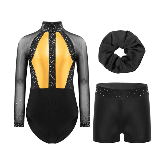 TiaoBug Kids Girls Figure Skating Ballet Dance Outfits Long Sleeve Gymnastics Leotard with Shorts Headwear Set Gold 8