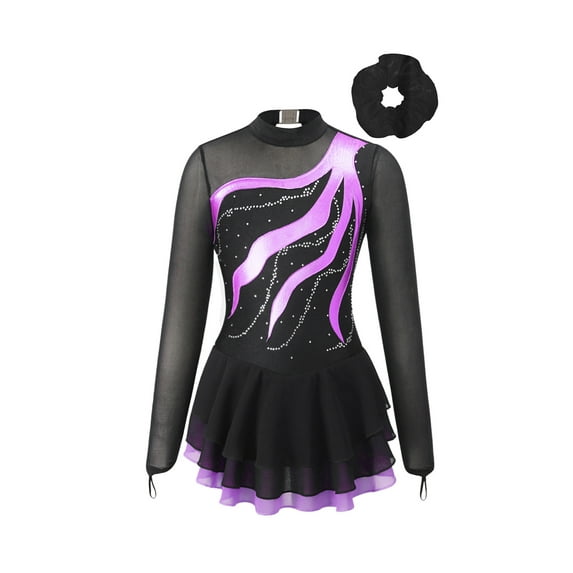 TiaoBug Kids Girls Figure Skating Dance Dress Rhinestone Gymnastics Leotard Dresses with Hair Band Purple 14