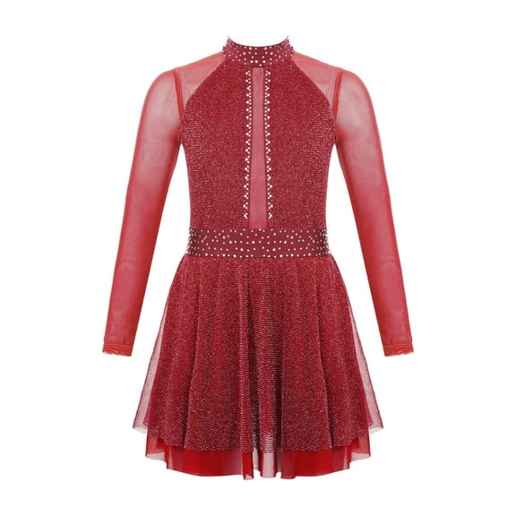 TiaoBug Kids Girls Figure Skating Dance Dress Shimmery Long Sleeve Lyrical Leotard Dancewear Burgundy 6