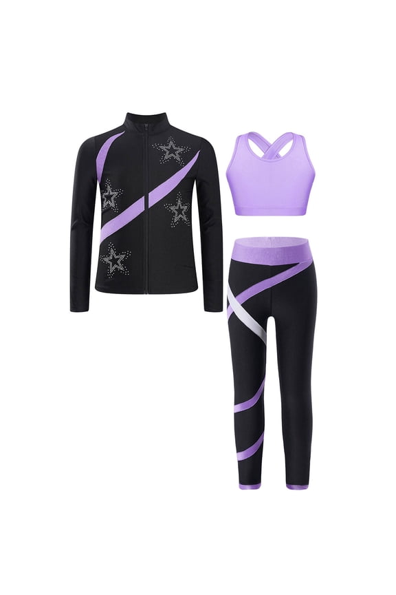 Kids Girls Figure Skating Outfits Long Sleeve Zip-up Jacket with Crisscross Crop Tops Pants Set Light Purple 12