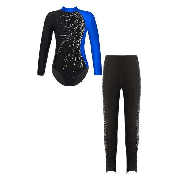 TiaoBug Kids Girls Figure Skating Performance Costume Shiny Rhinestones Leotard Tops with Pants Athletic Outfits Blue&Black 16