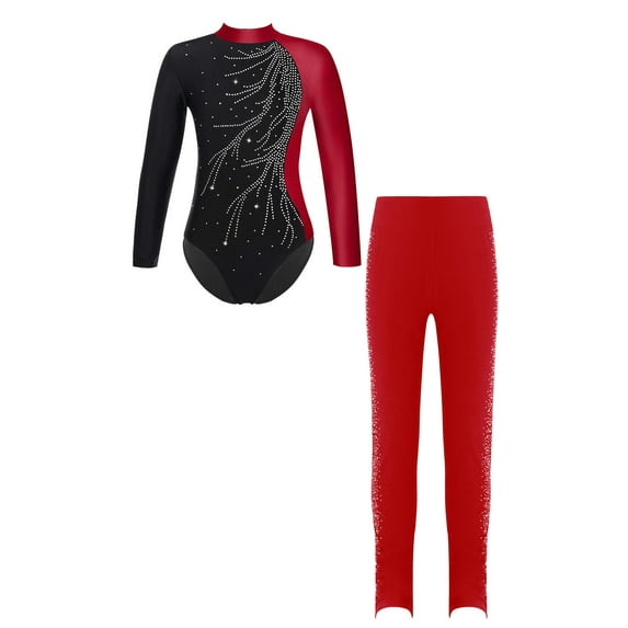 TiaoBug Kids Girls Figure Skating Performance Costume Shiny Rhinestones Leotard Tops with Pants Athletic Outfits Burgundy 14