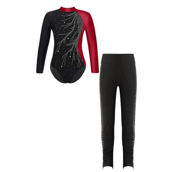 TiaoBug Kids Girls Figure Skating Performance Costume Shiny Rhinestones Leotard Tops with Pants Athletic Outfits Burgundy&Black 12