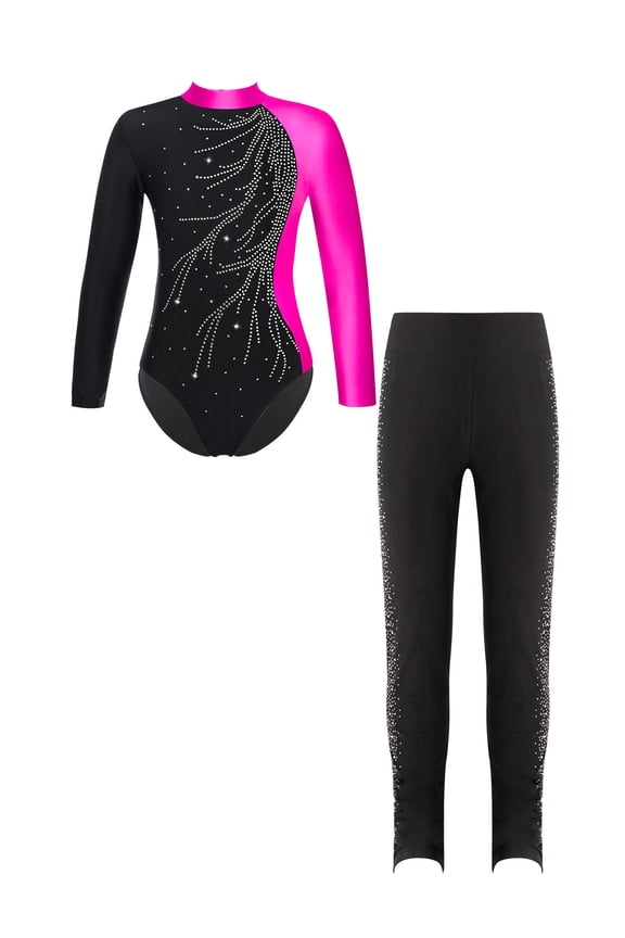 Kids Girls Figure Skating Performance Costume Shiny Rhinestones Leotard Tops with Pants Athletic Outfits Rose&Black 10
