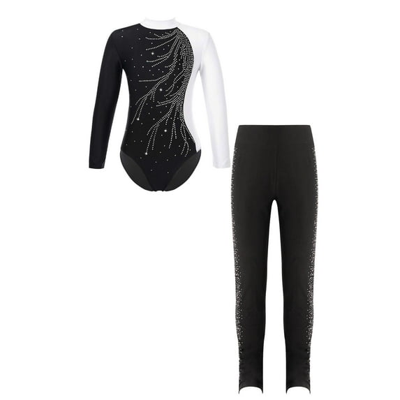 TiaoBug Kids Girls Figure Skating Performance Costume Shiny Rhinestones Leotard Tops with Pants Athletic Outfits White&Black 14