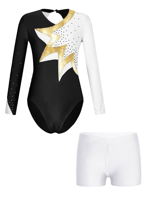 TiaoBug Kids Girls Figure Skating Performance Outfits Shiny Color Block Athletic Gymnastics Leotard Unitard And Shorts Set White 14