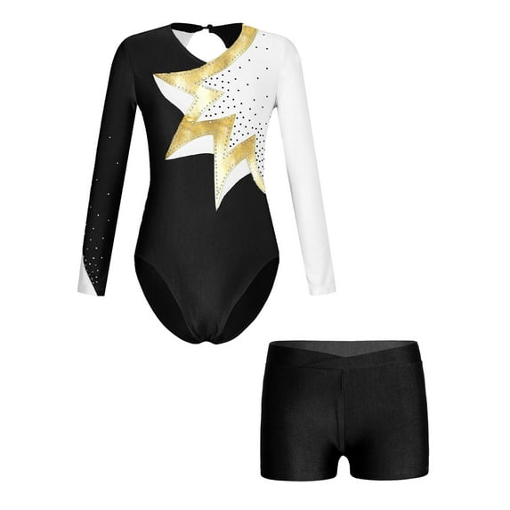 TiaoBug Kids Girls Figure Skating Performance Outfits Shiny Color Block Athletic Gymnastics Leotard Unitard And Shorts Set White&Black 14