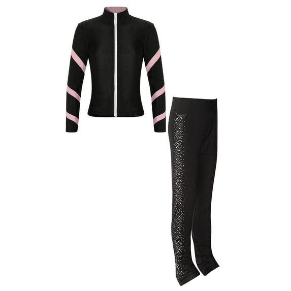TiaoBug Kids Girls Figure Skating Tracksuit Set Long Sleeve Jacket Tights Leggings Sports Outfits Pink 8